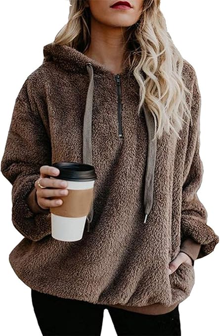 Wazeer Women's Plush Sherpa Hoodie with Pockets, showcasing Fuzzy Fleece and Buffalo Plaid for a Distinctive Fluffy Coat.